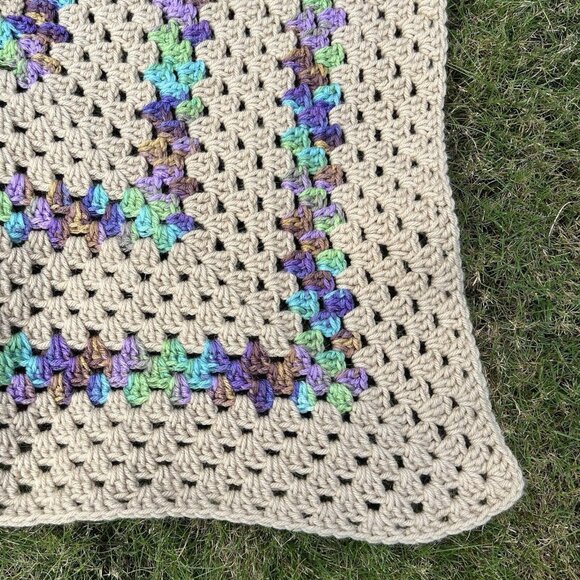 Tan & Mermaid Rainbow 71 X 83 Crochet Blanket Bedspread Love Granny Cottage Core - Picture 4 of 8